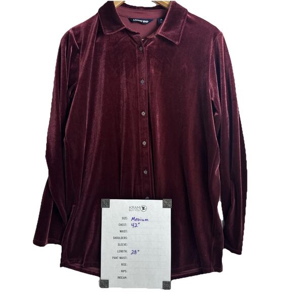Vintage Lands End Velvet Burgundy Button Front Tunic Women M 10-12 Stretch Comfy - Picture 11 of 11